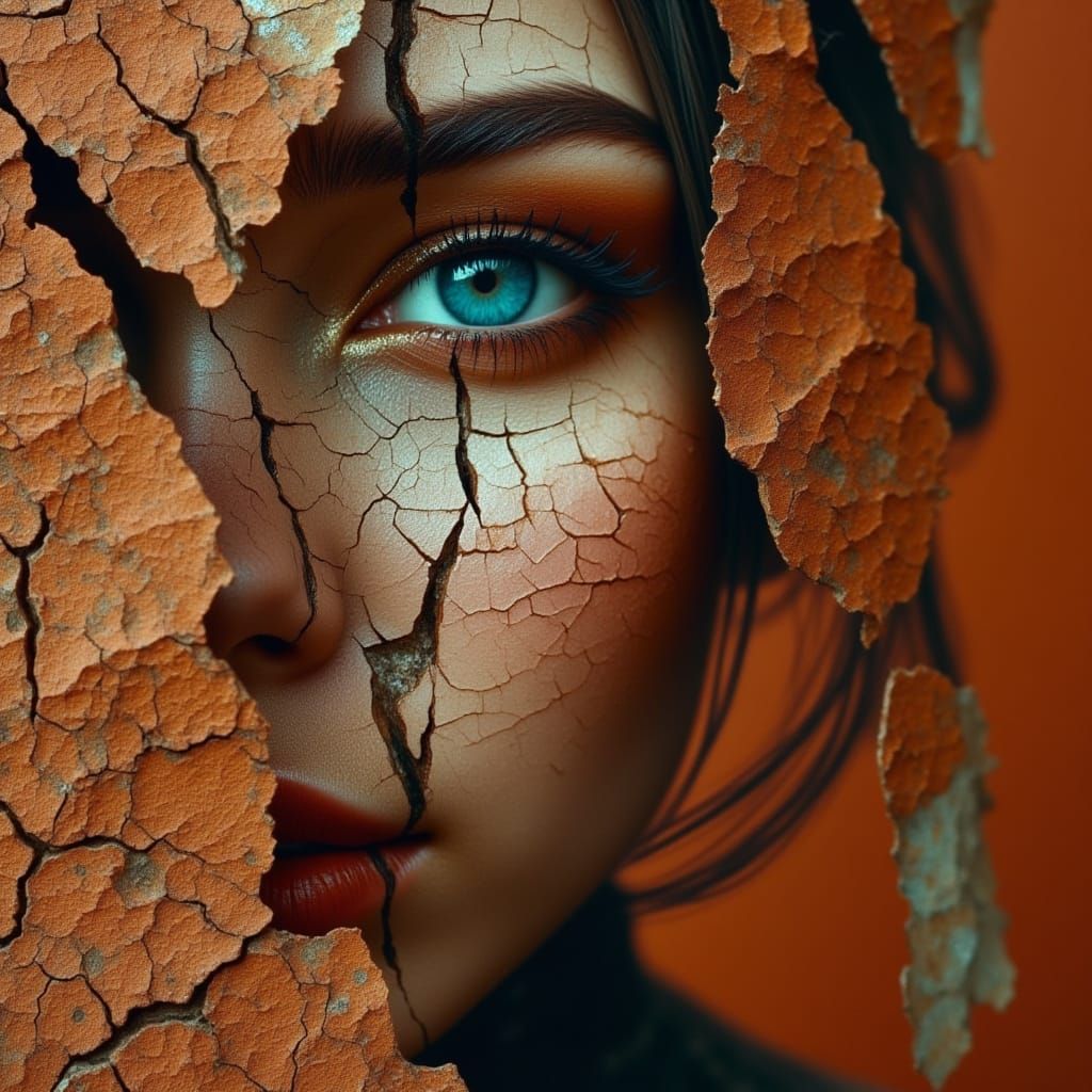 Woman's Face as Cracked Earth, Intense Blue Eye