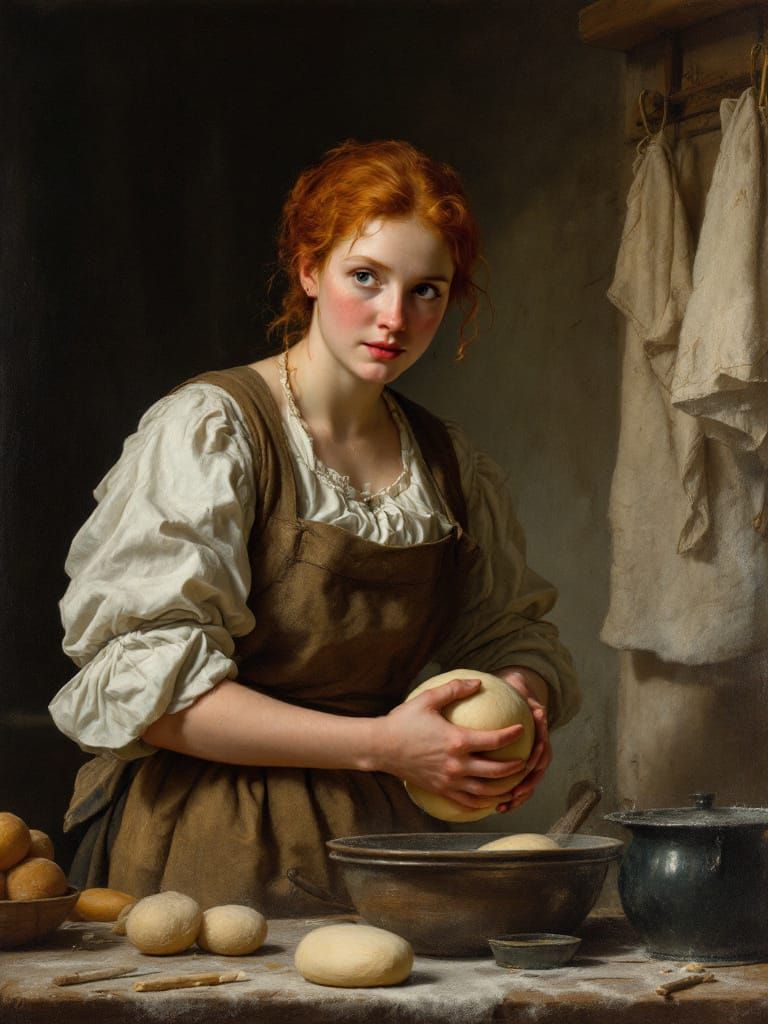Redhead Baker Kneading Dough in Golden Hour Kitchen