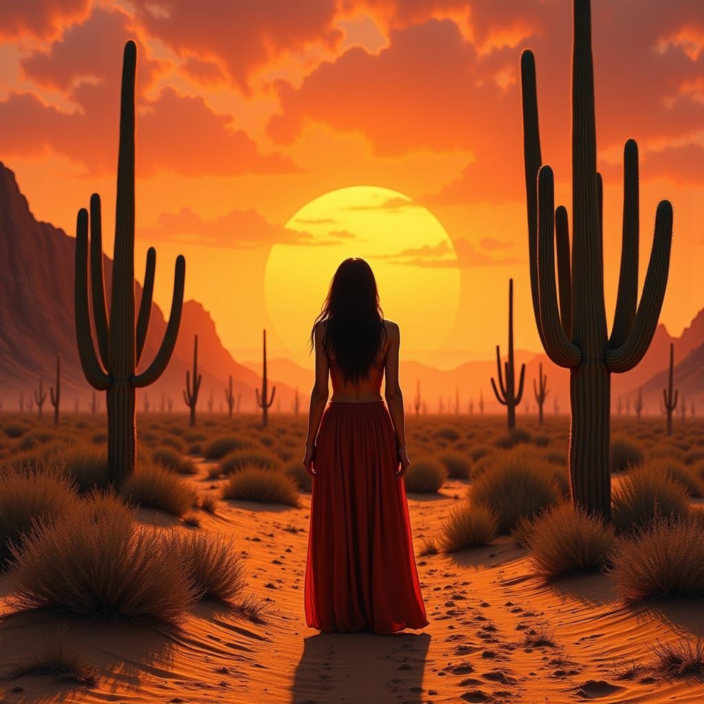 Vibrant Sunset Desert Landscape with Majestic Cacti
