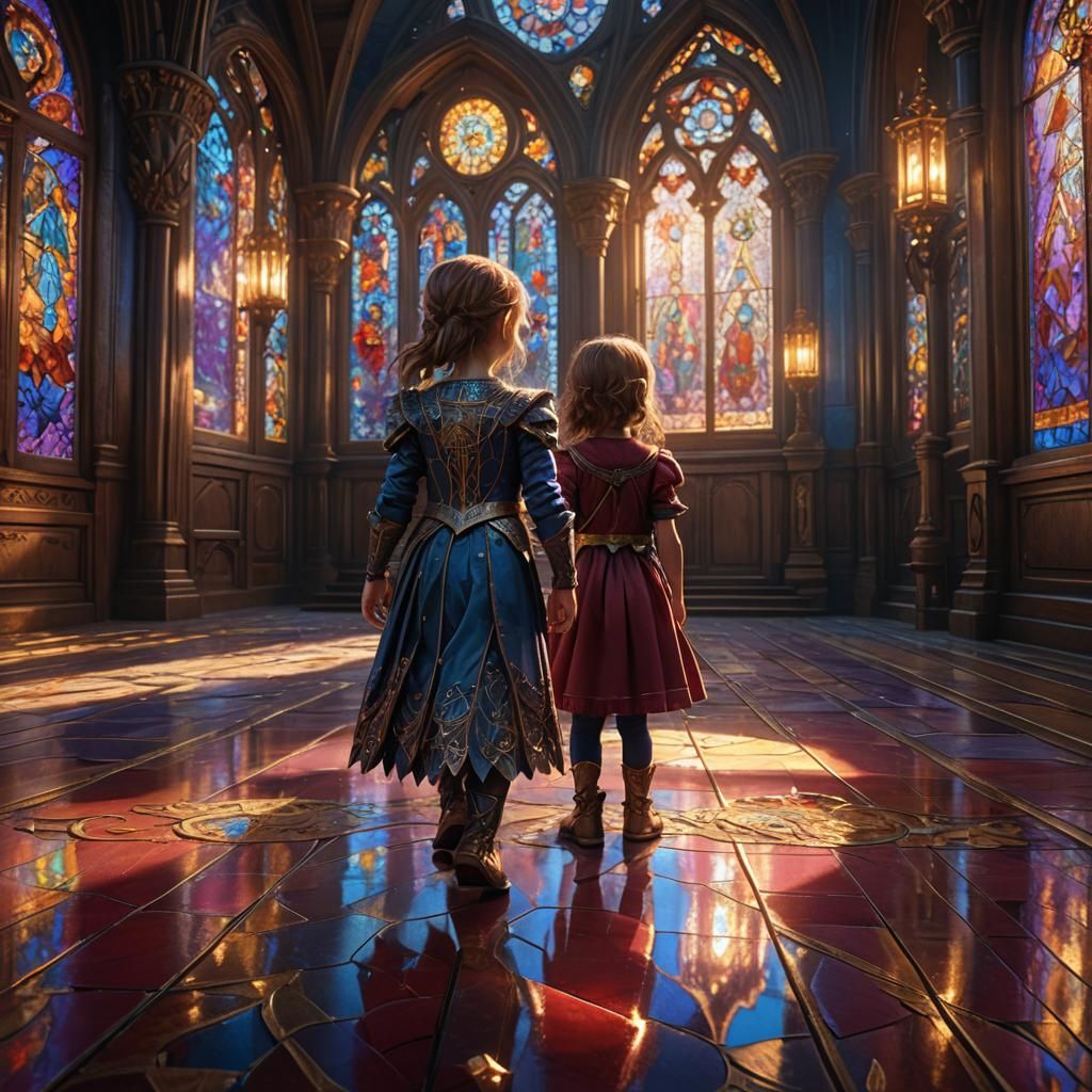 Girl Steps on Ornate Glossy Floor, Matte Painting