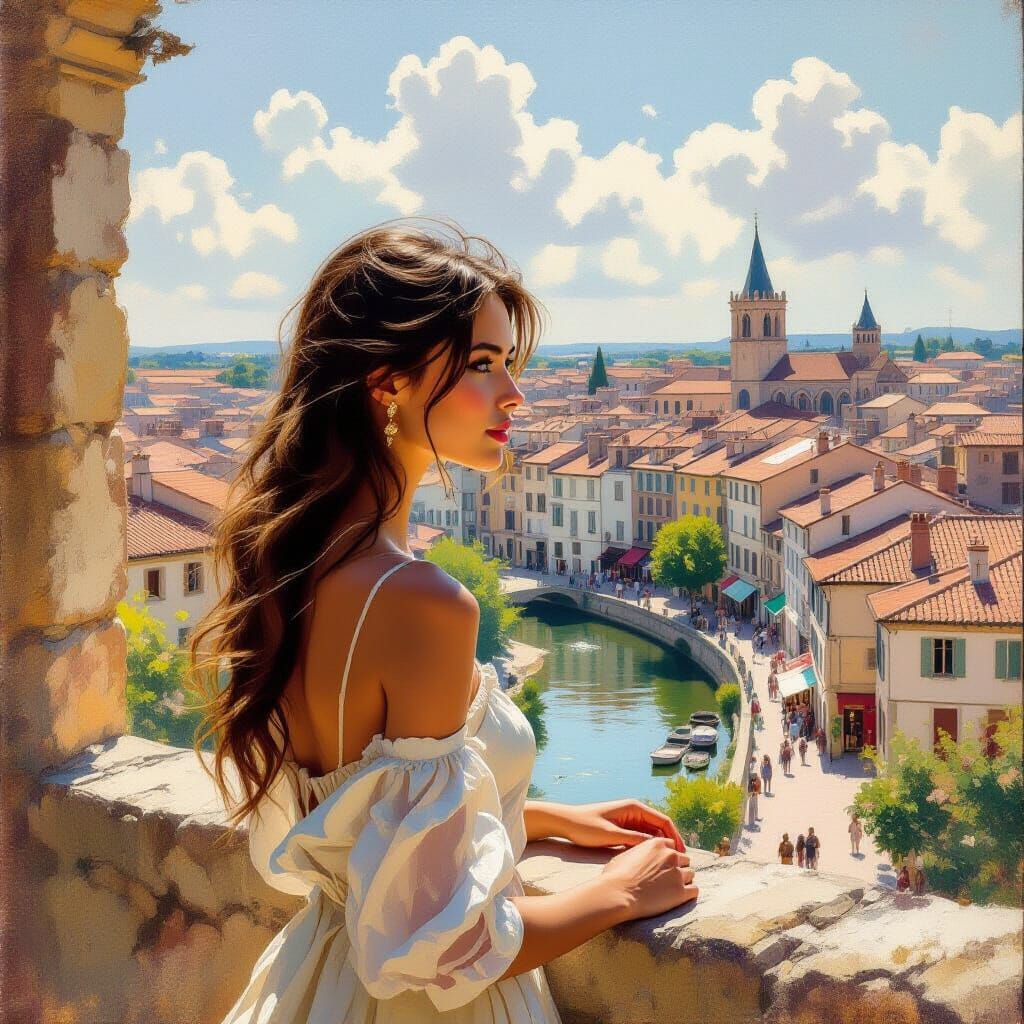 Young Woman Overlooks Bergerac in Golden Light