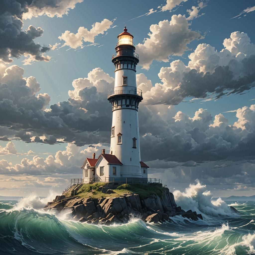 Anime Style Lighthouse in the Sea: 3D Render