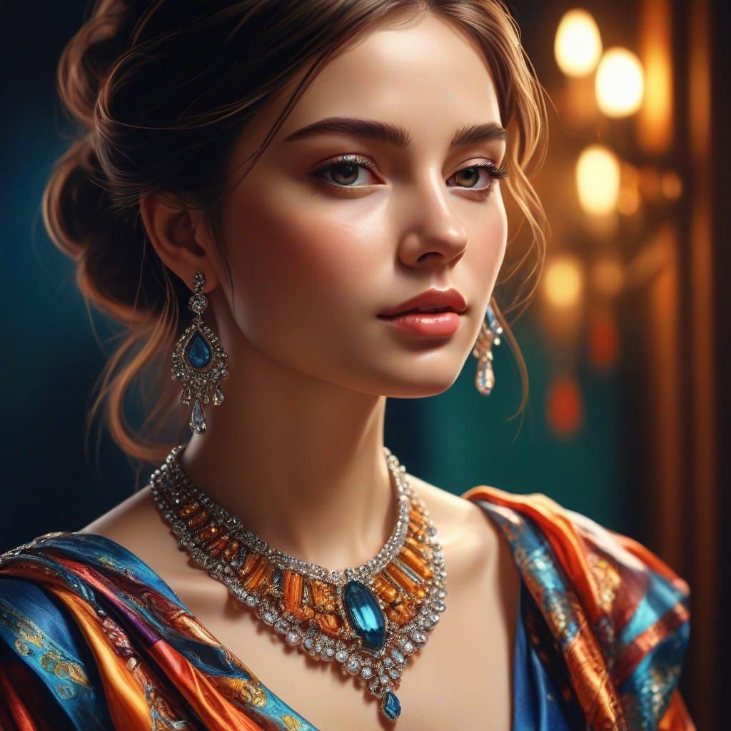 Elegant Woman in Stylish Clothes as Oil Painting