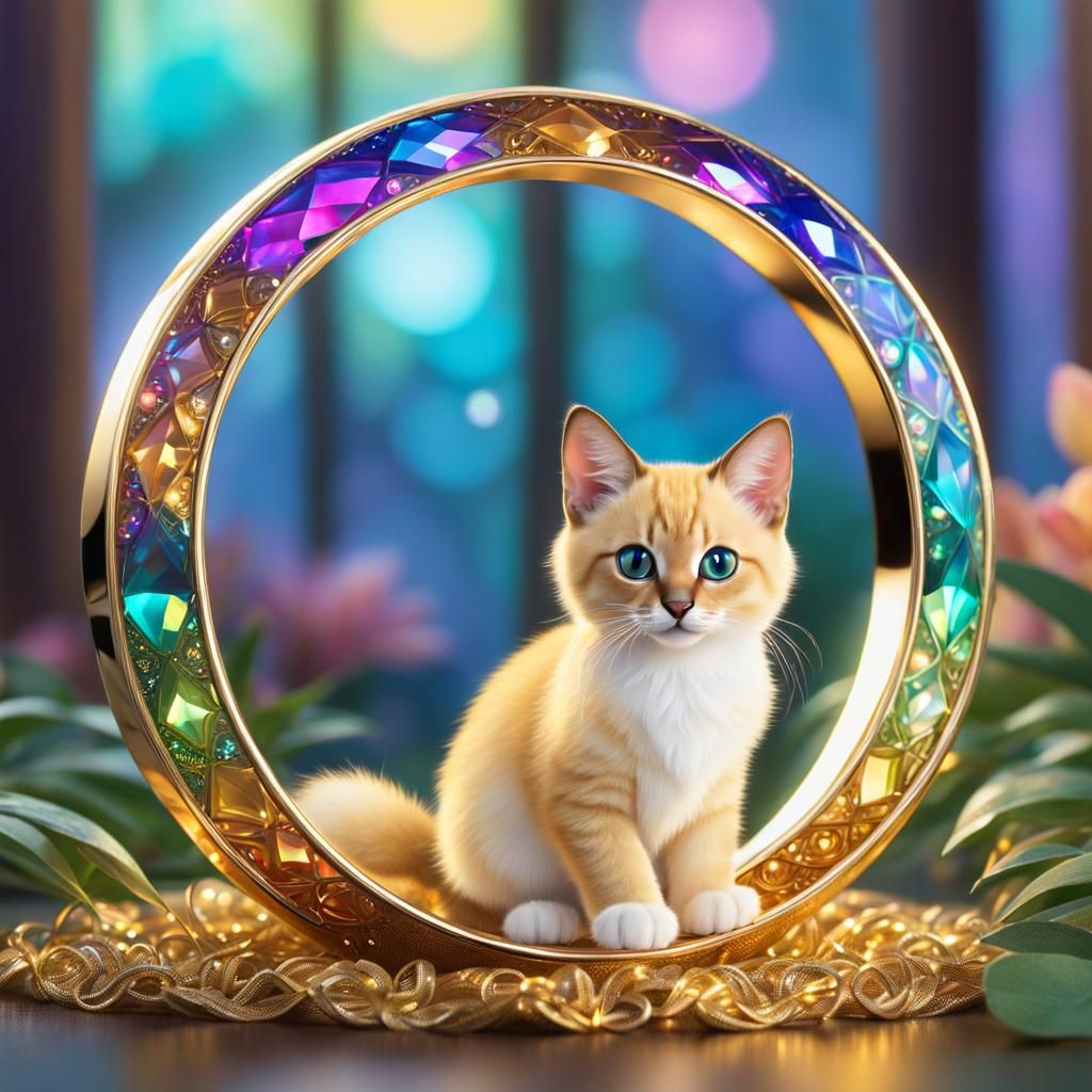 Golden Siamese Kitten in Iridescent Ring, 3D Render