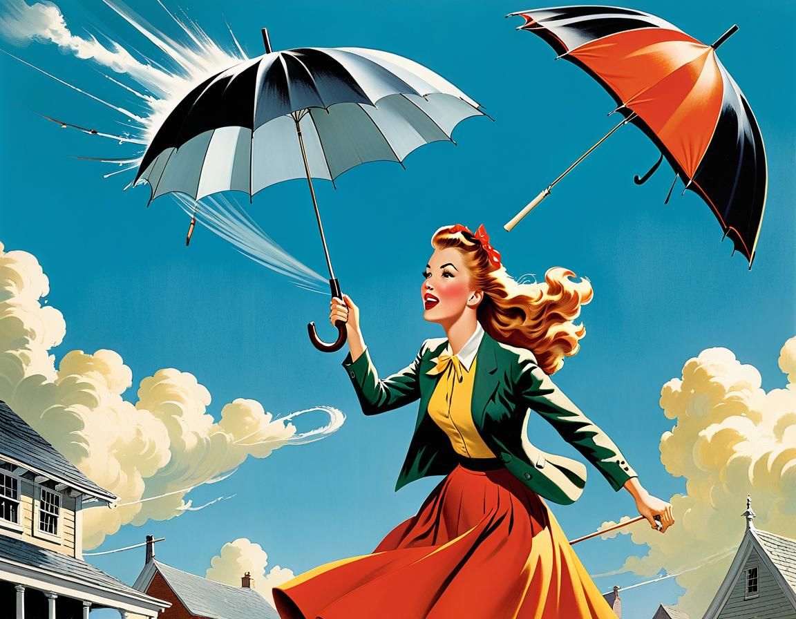 Girl Caught in Gusty Wind, Umbrella Turned Inside Out in Vin...