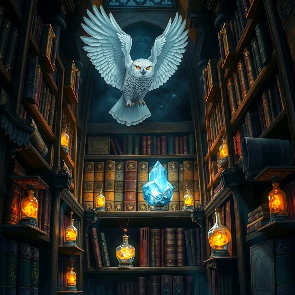 Regal Snow Owl Guards Ancient Tomes in Enchanted Library
