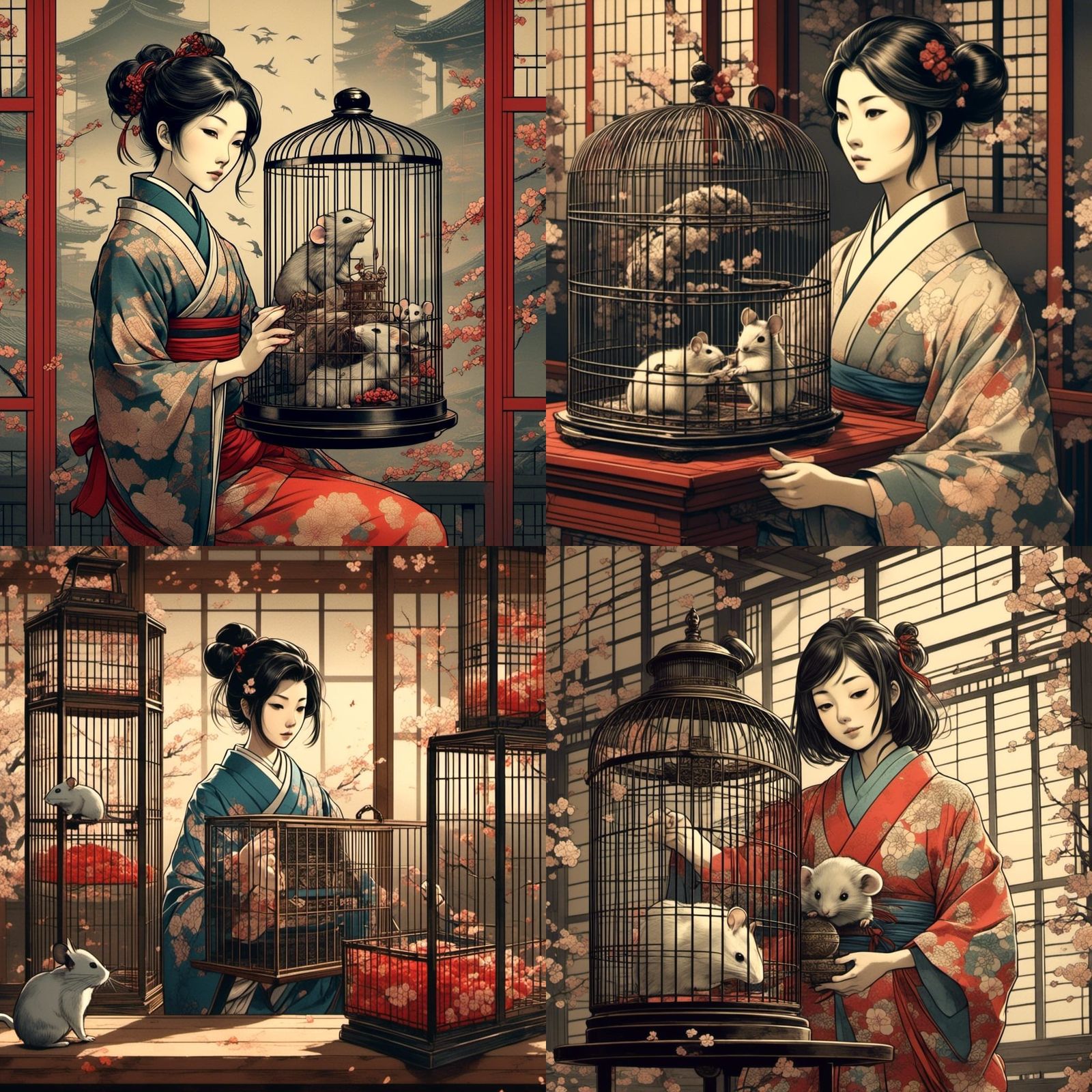 Japanese Woman with Mouse Cage in Ukiyo-e Style