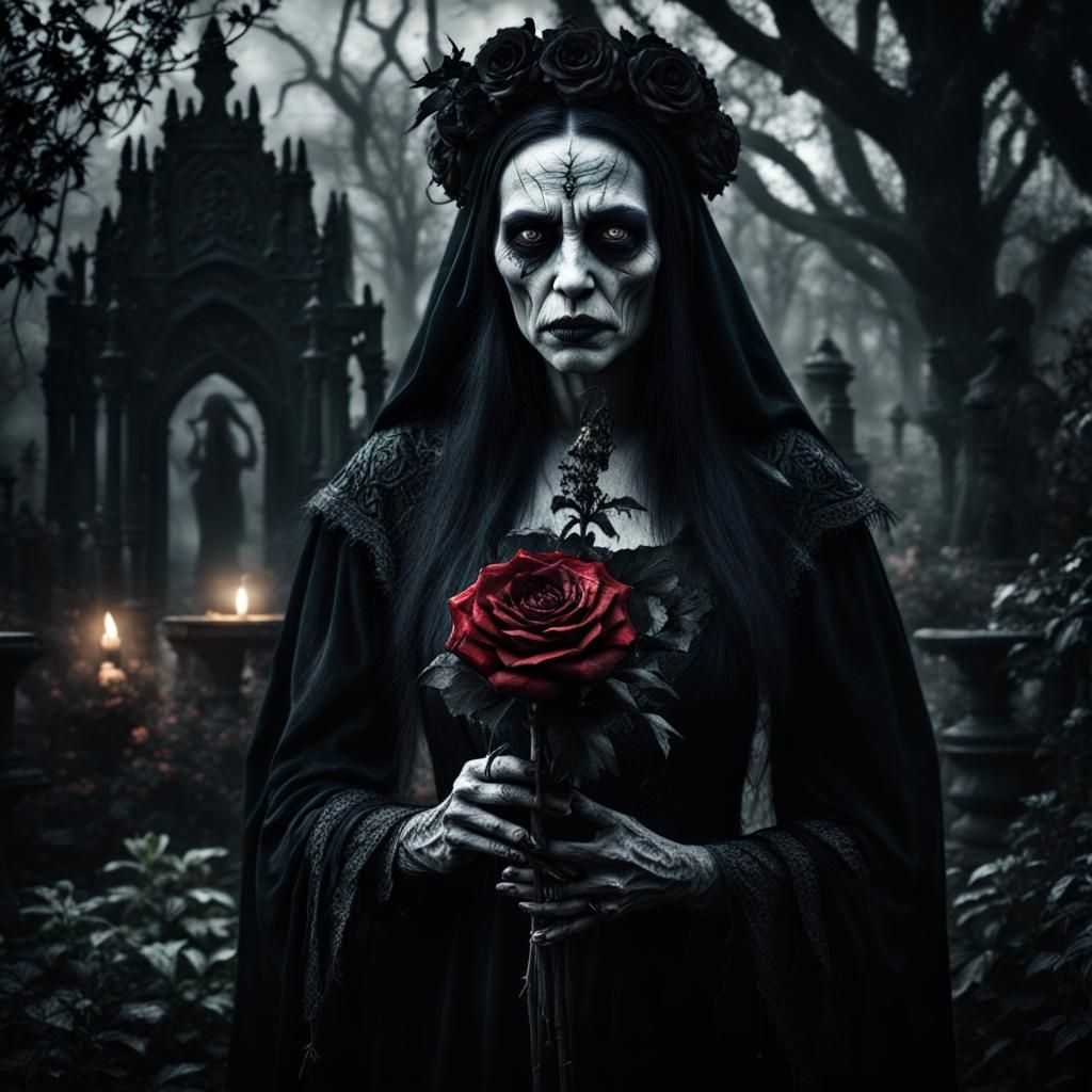 creepy evil witch in a garden of death