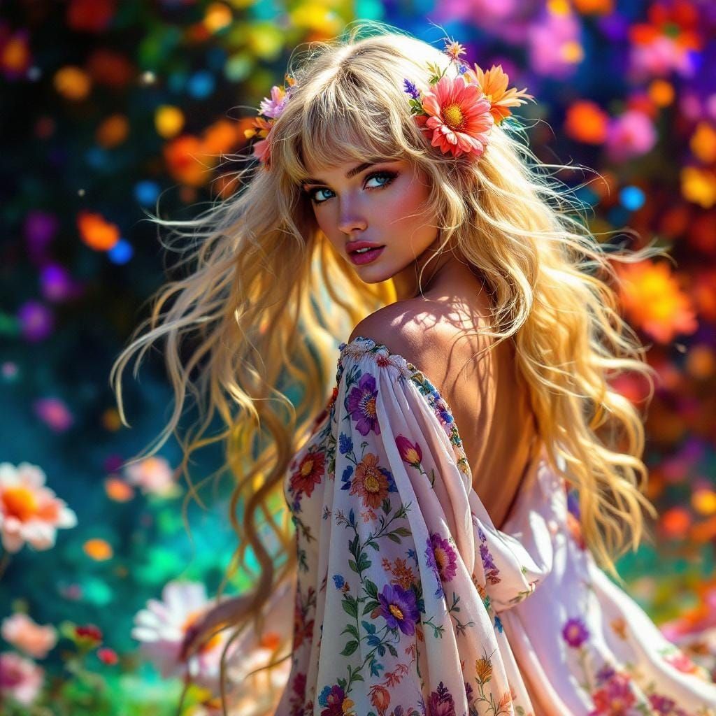 Hippie Lady with Flowers in Fantasy Realism Style