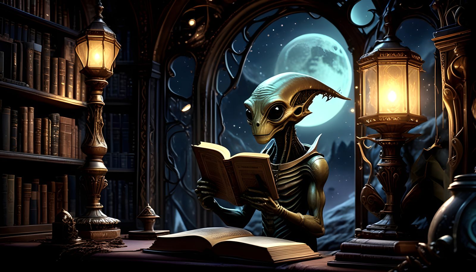 Moonlit Library Sanctuary in Art Deco Splendor