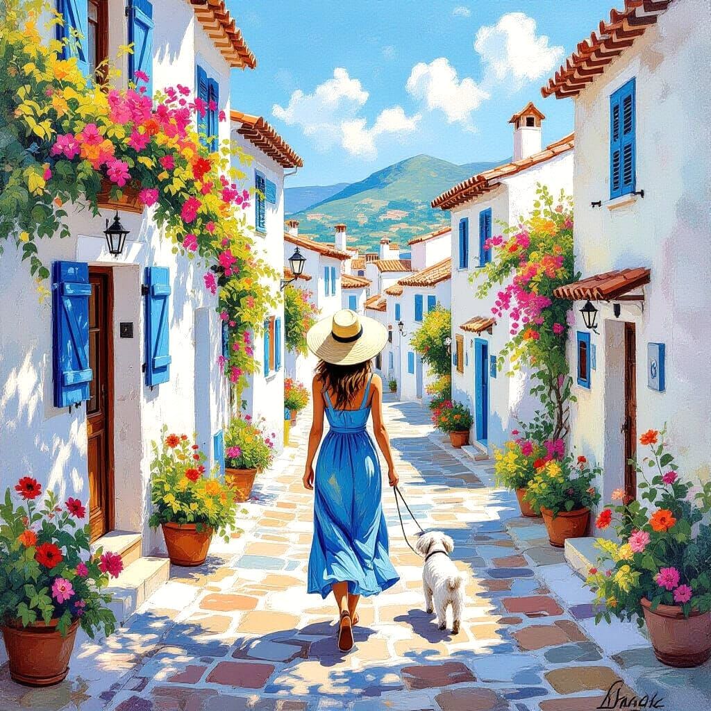 Mediterranean Village Street in Gouache Style