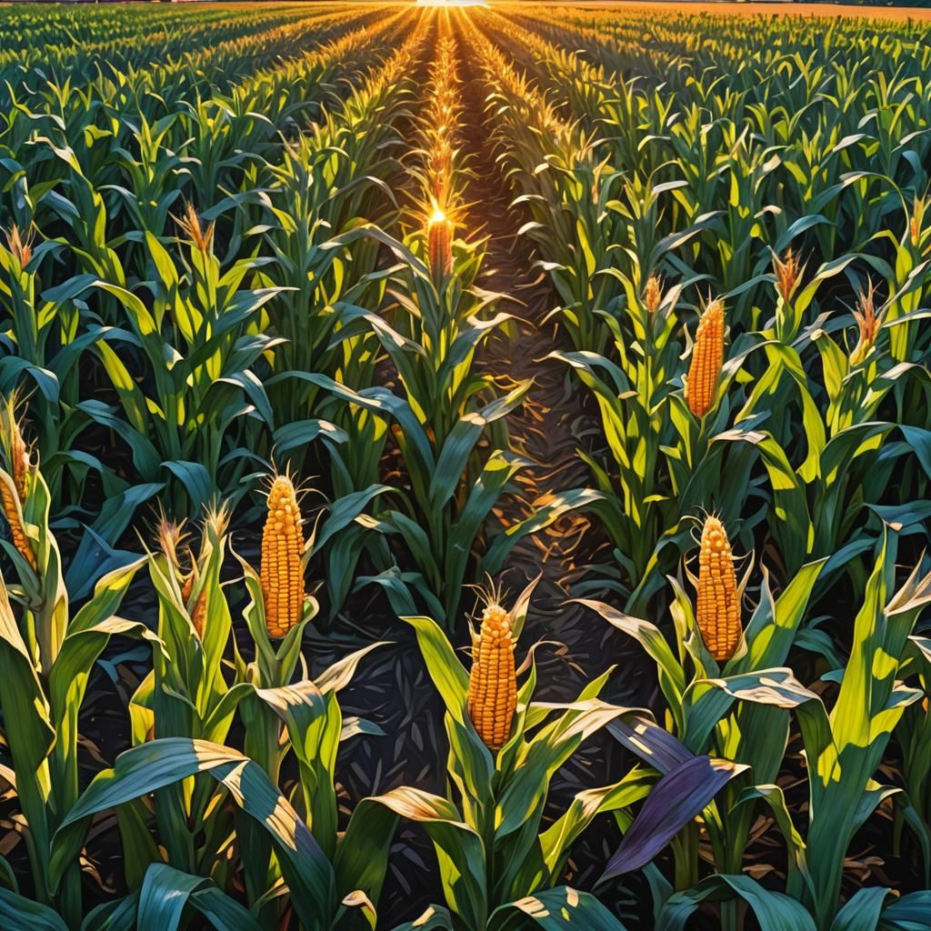 Cornfield Sunset in Hyperrealistic Splash Art Style