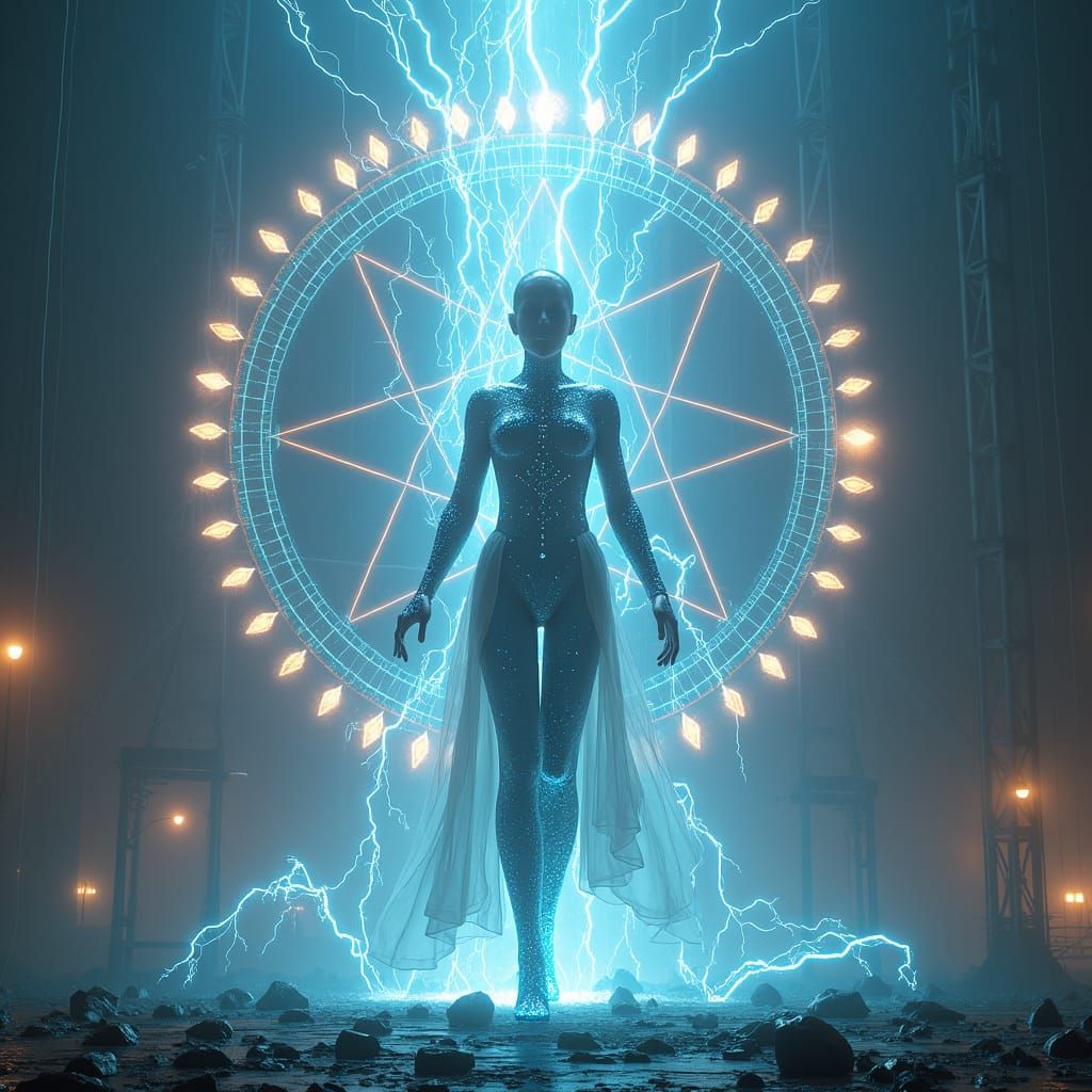 Electric Goddess in Cyberpunk Industrial Landscape