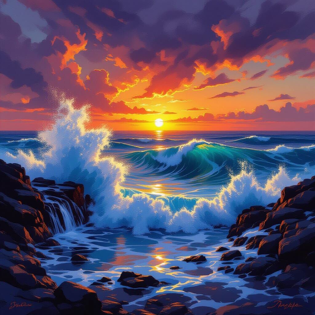 Epic Ocean Sunset with Dramatic Waves and Mystical Aura