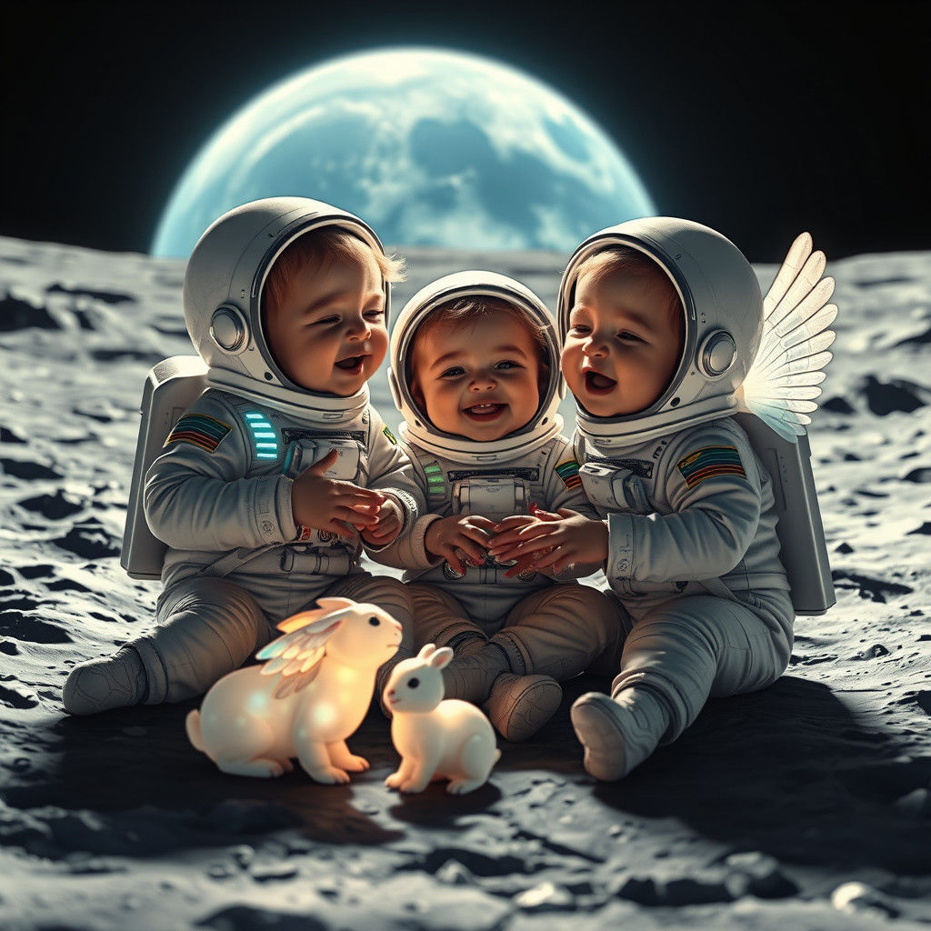 Babies Play With Moon Pets in Spacesuits