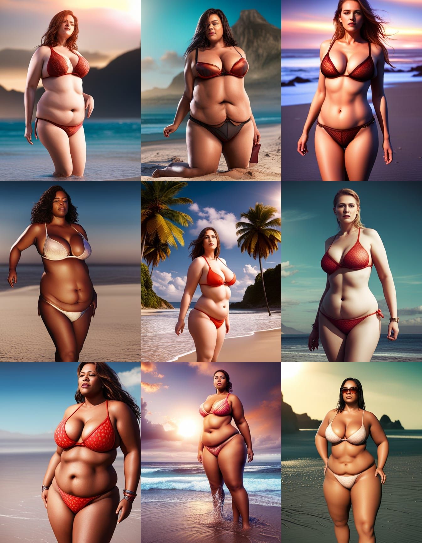 Plus-Size Women on Beach in Detailed Digital Painting
