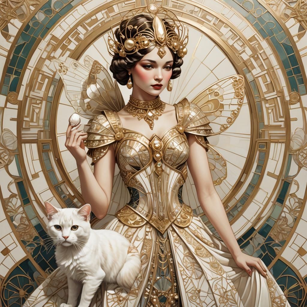 Art Deco Fairy with Geometric Cat Illustration
