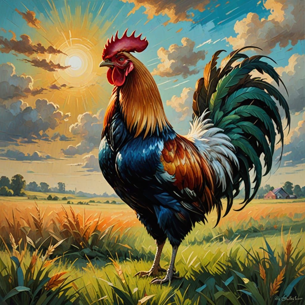 Vibrant Oil Painting of a Rooster in Sunny Field