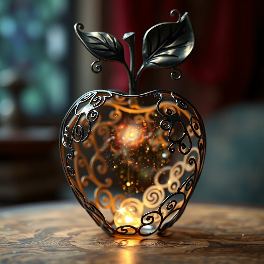 Surreal Dark Metal Apple Shines with Celestial Energy