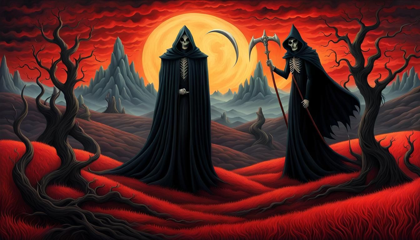 Grim Reaper and Lucifer in Surreal Desolate Land