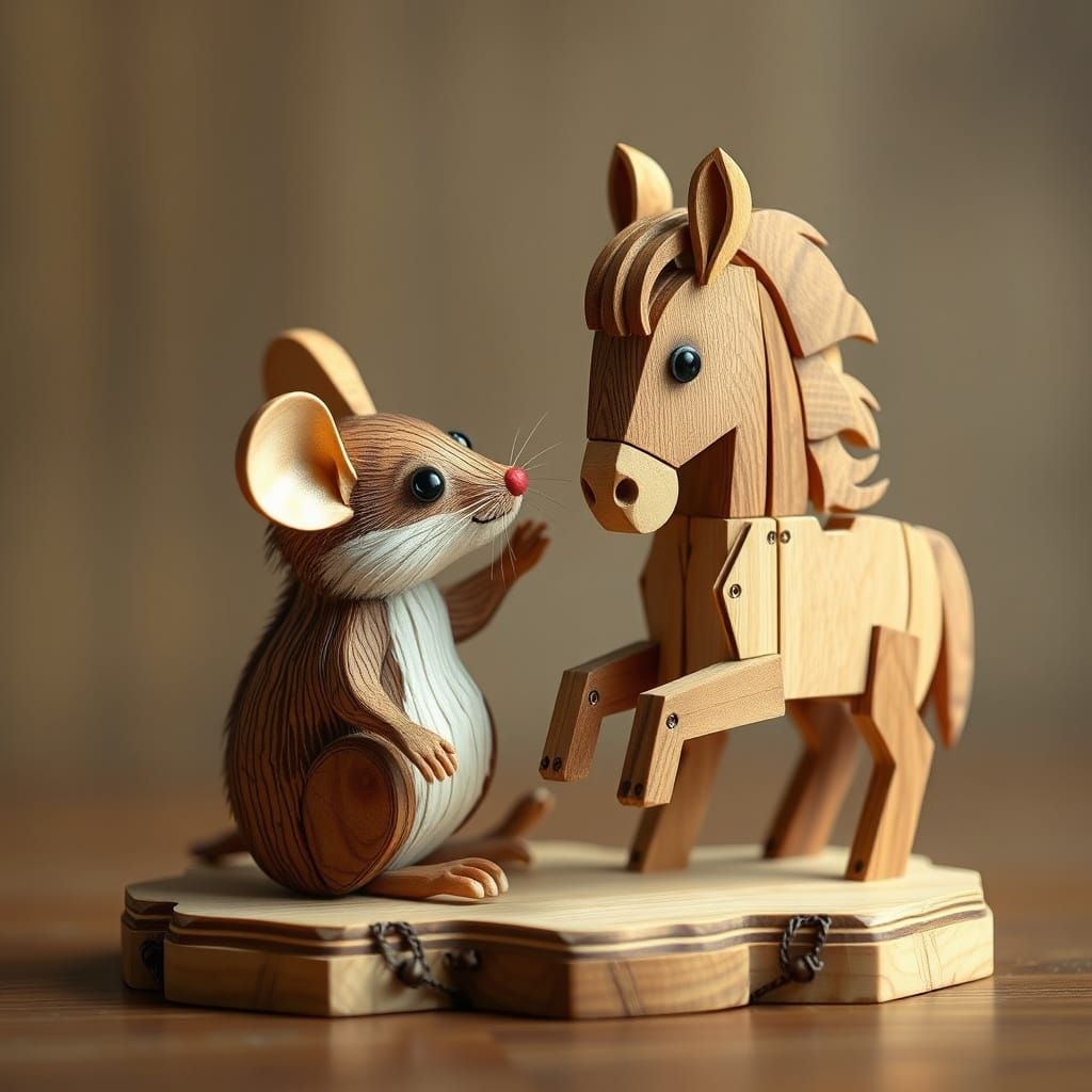 Whimsical Wooden Sculpture of Mouse and Pony
