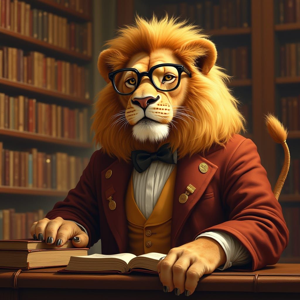 Regal Lion in Elegant Attire, Perched on Antique Books in a ...