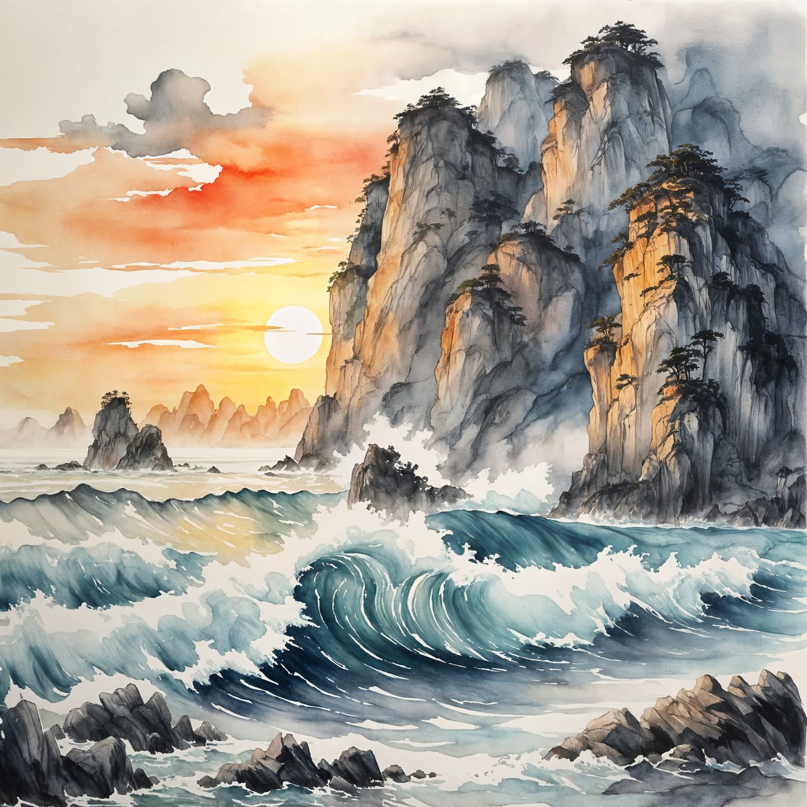 Tranquil Ocean Waves at Sunset in Watercolor Style