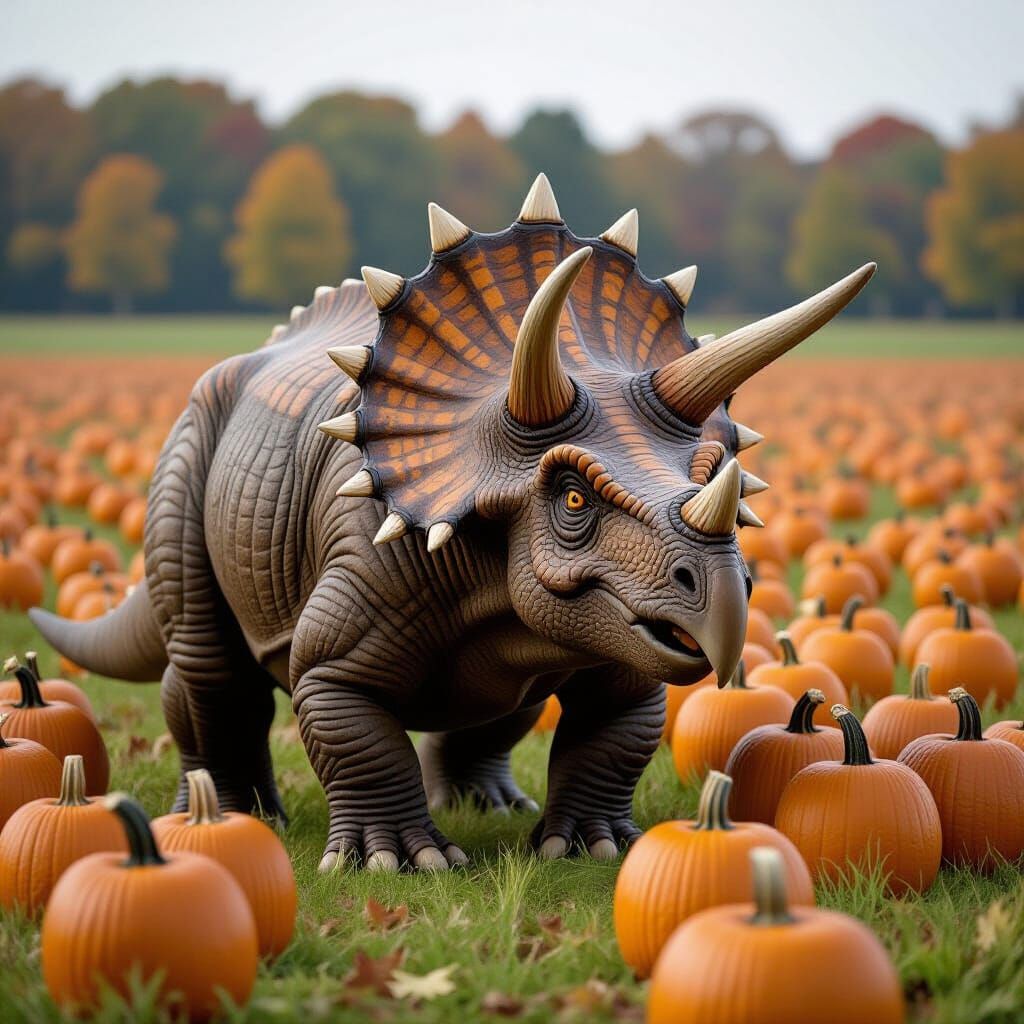 A Triceratops in a field of pumpkins