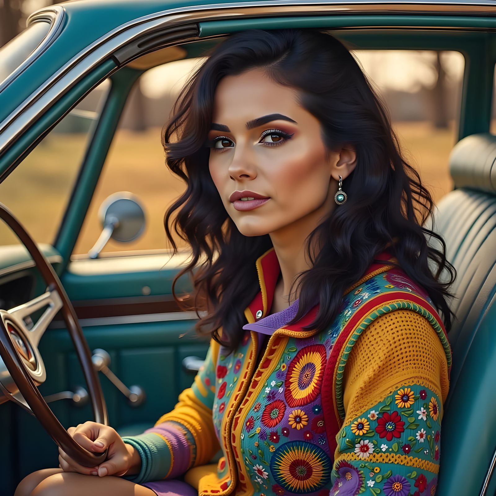 1970s Hippie Girl in Chevrolet, Colorful Scene