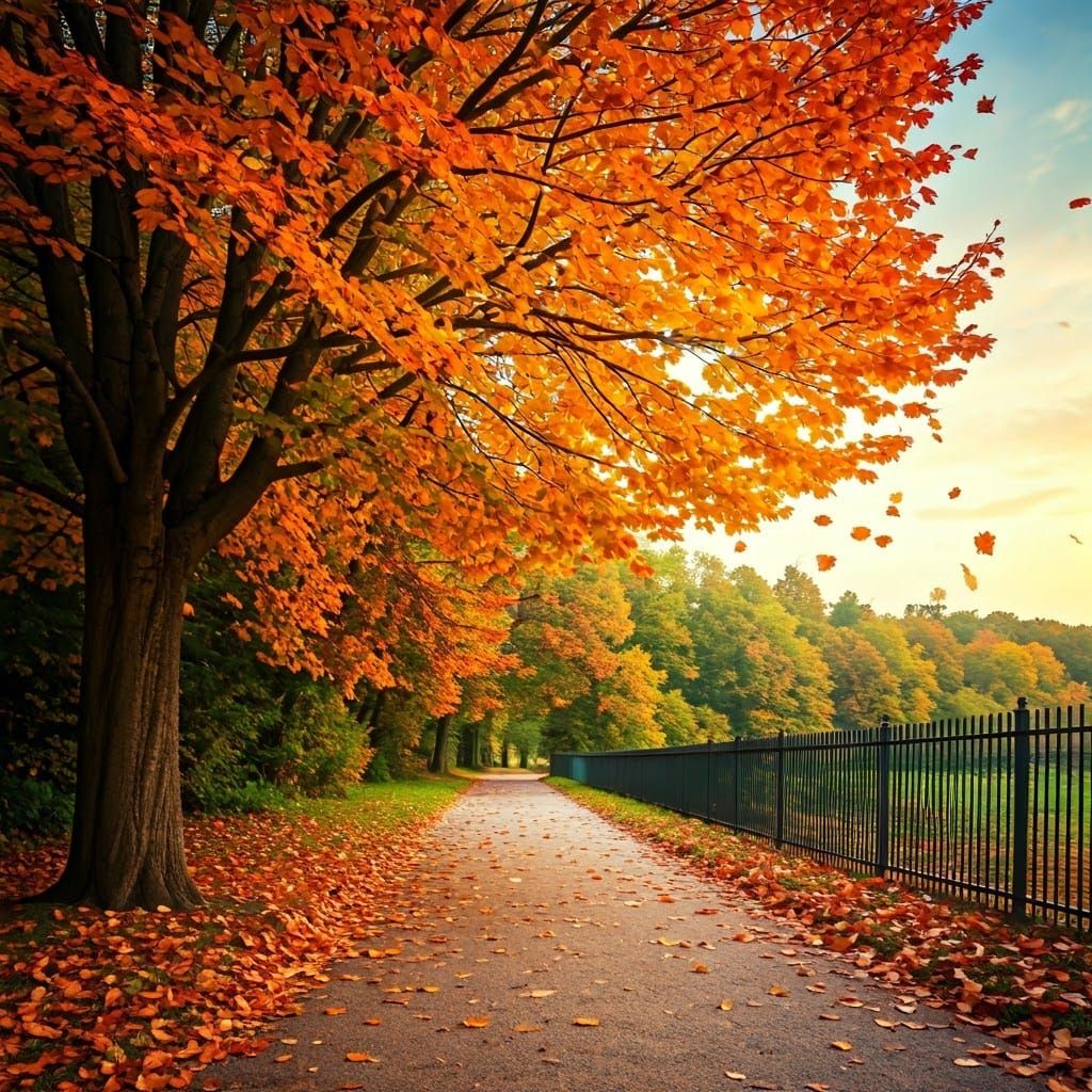 Golden Autumn Tree with Falling Leaves