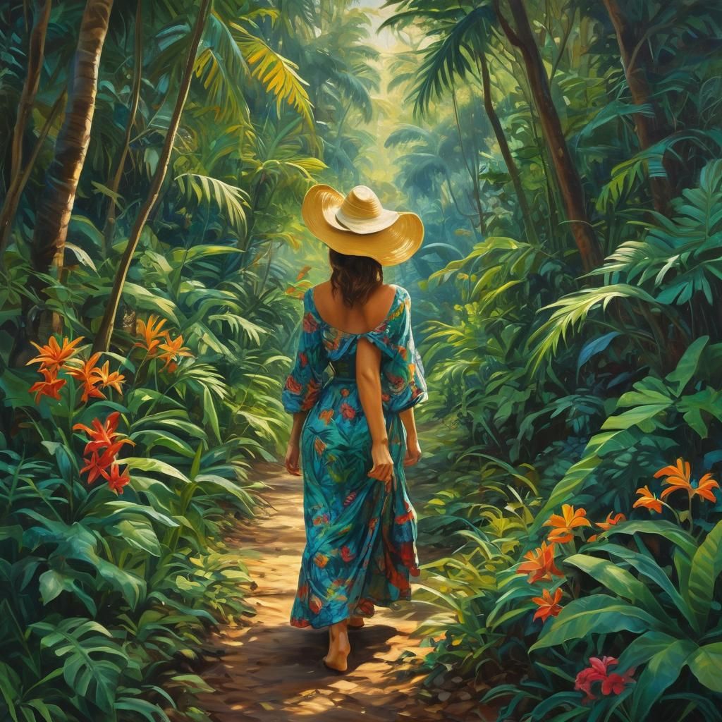 Woman in Jungle: Impressionist Oil Painting