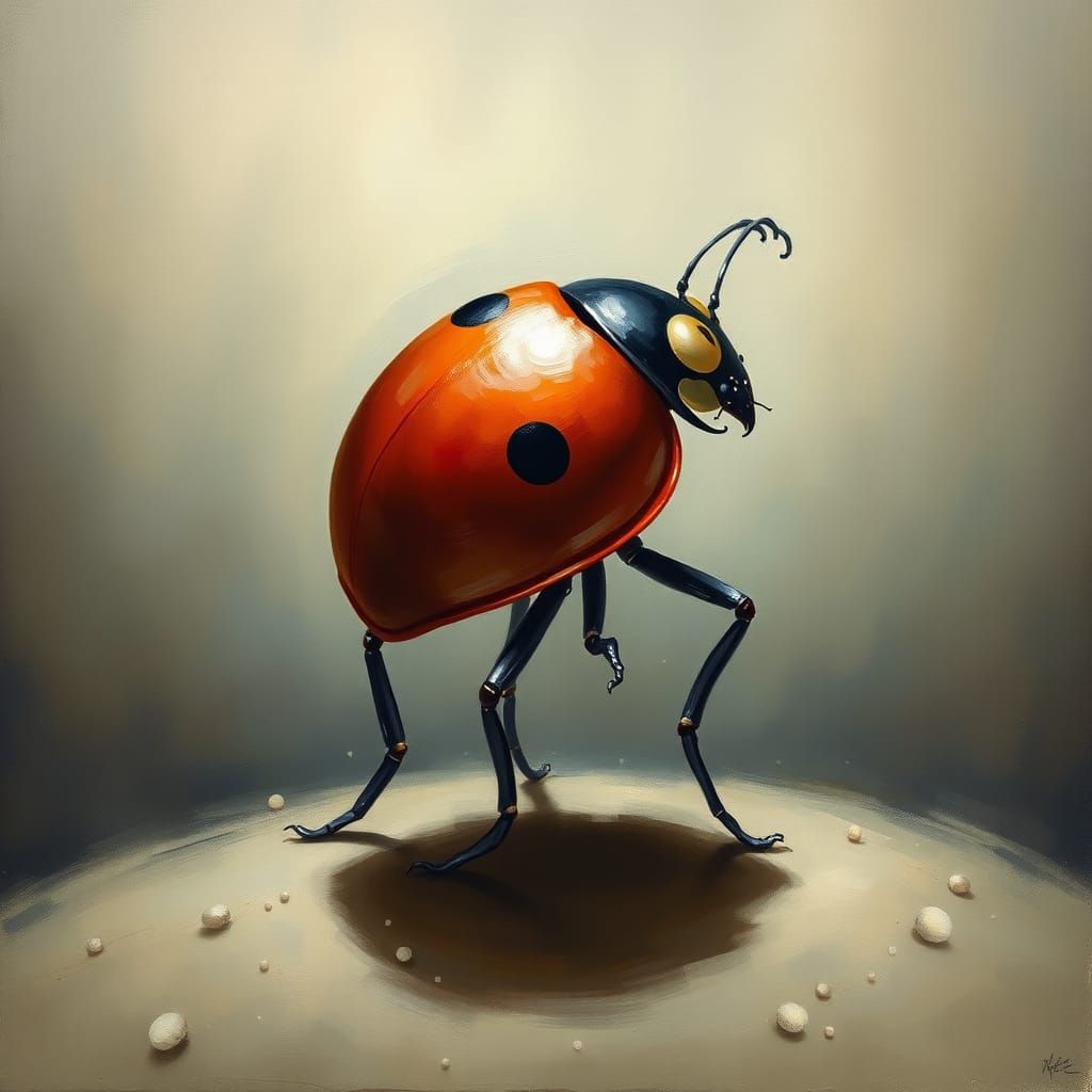 Surreal Ladybug Painting with Elongated Forms