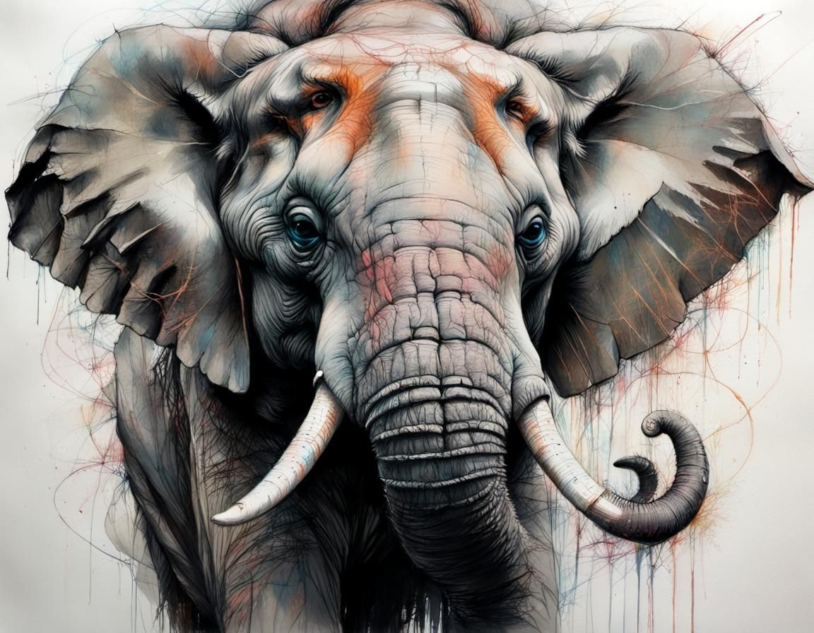 Majestic Elephant Charcoal Drawing in Carne Griffiths Style