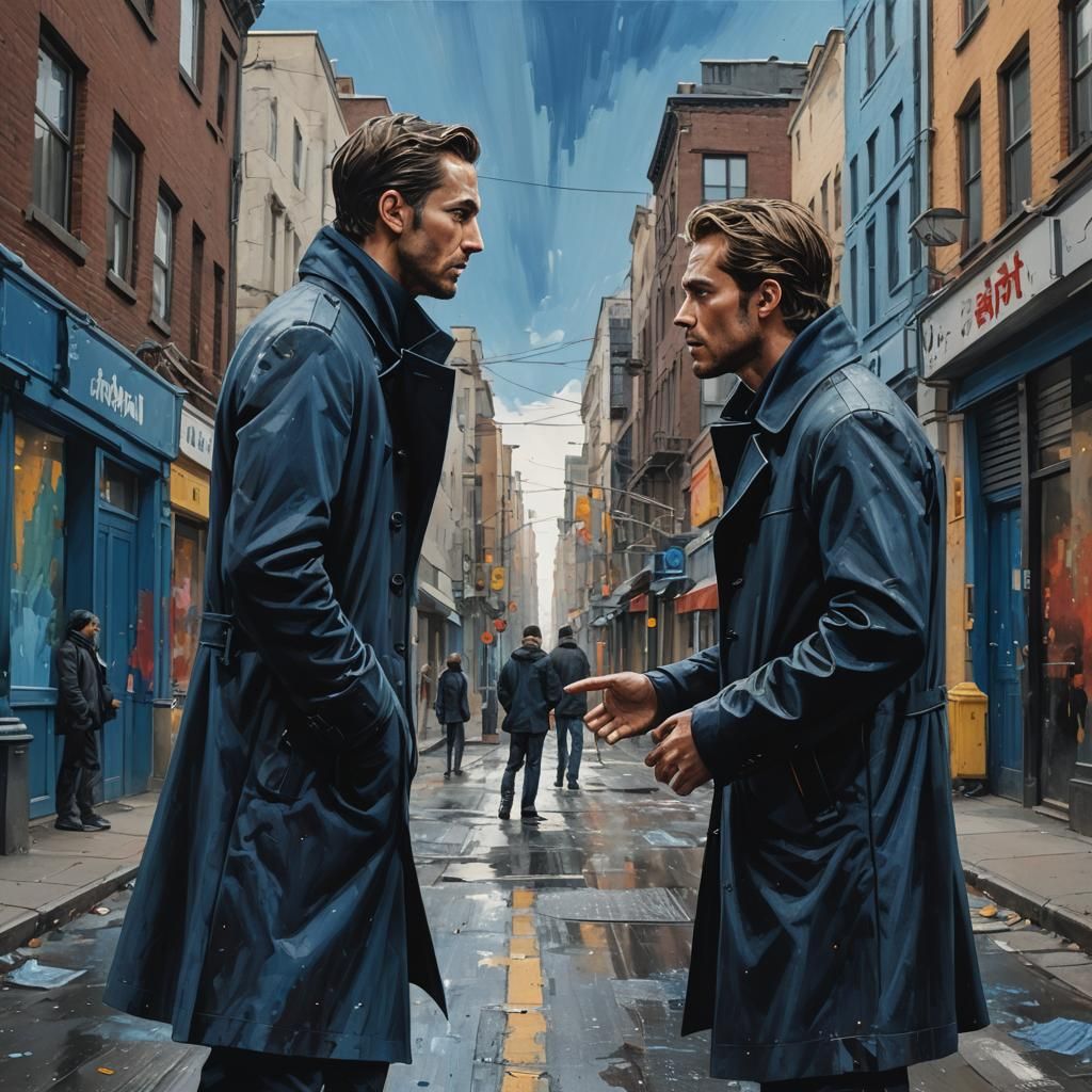 Hyperrealistic Men Debating in Street, Colorful Background