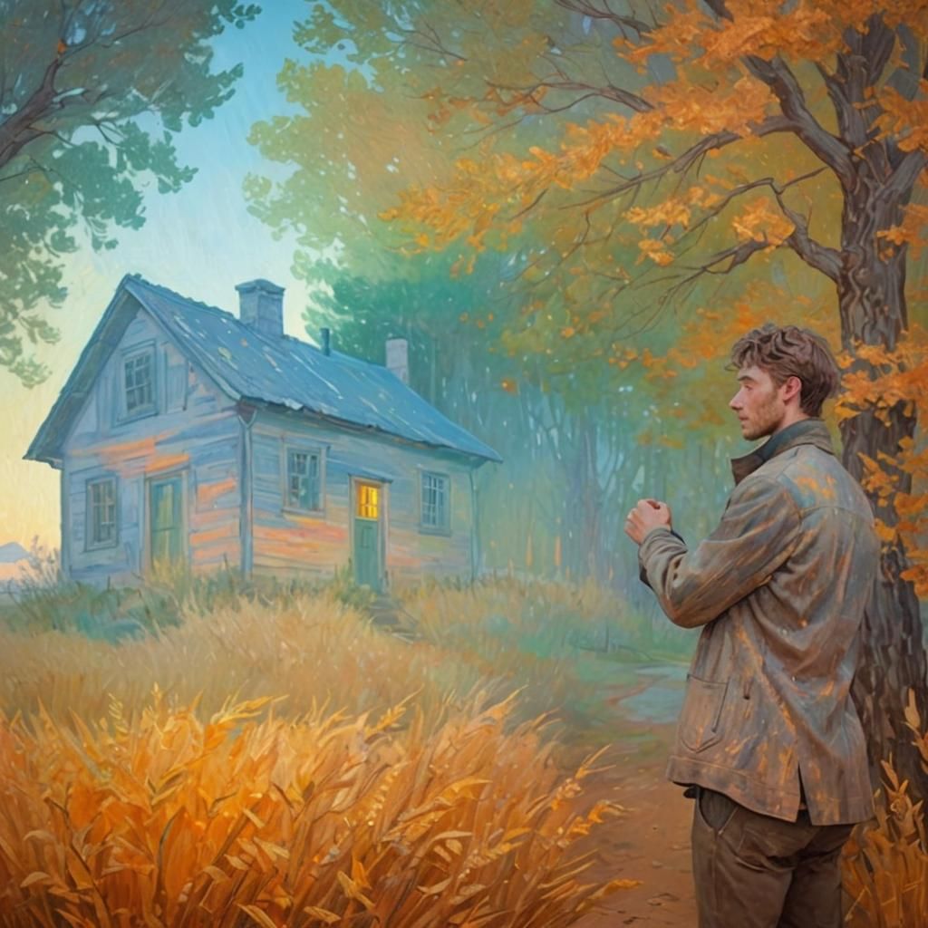 Man Embracing House in Van Gogh Style