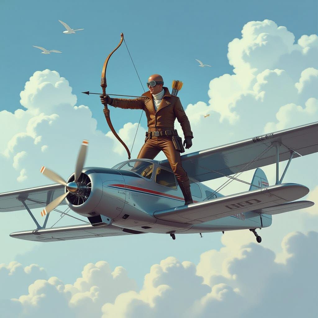 Futuristic Archer Soaring on Airplane Wing