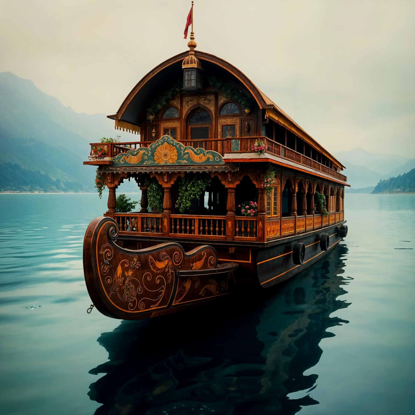 Floral Houseboat on River: Kashmir Lakescape