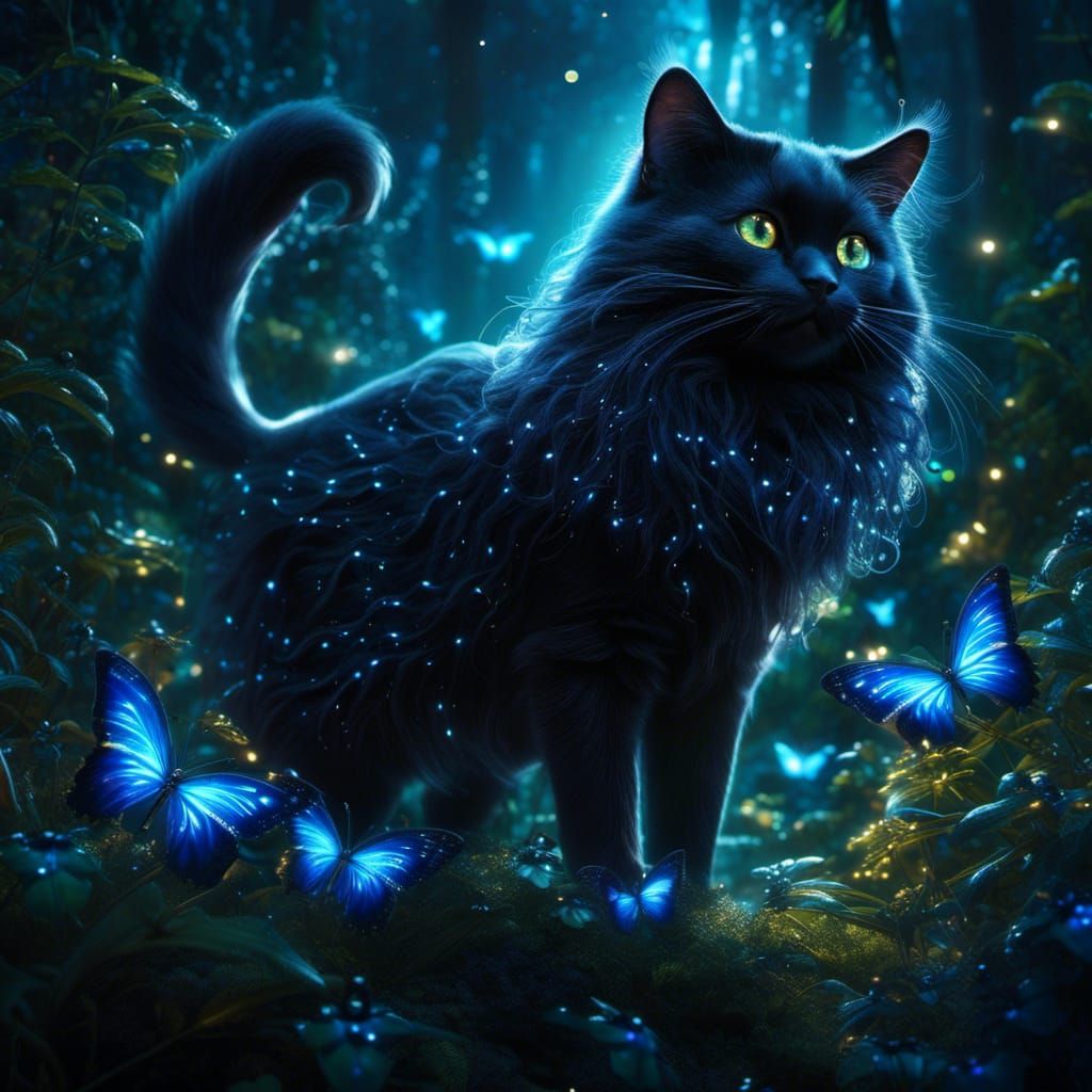 Bioluminescent Black Cat in Dark Forest