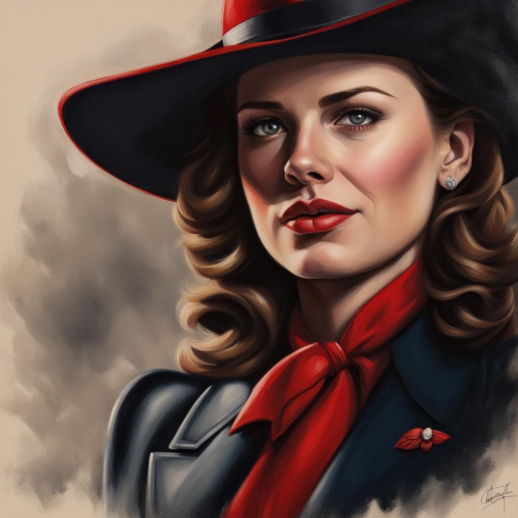 Realistic Portrait of Peggy Carter in Red Hat