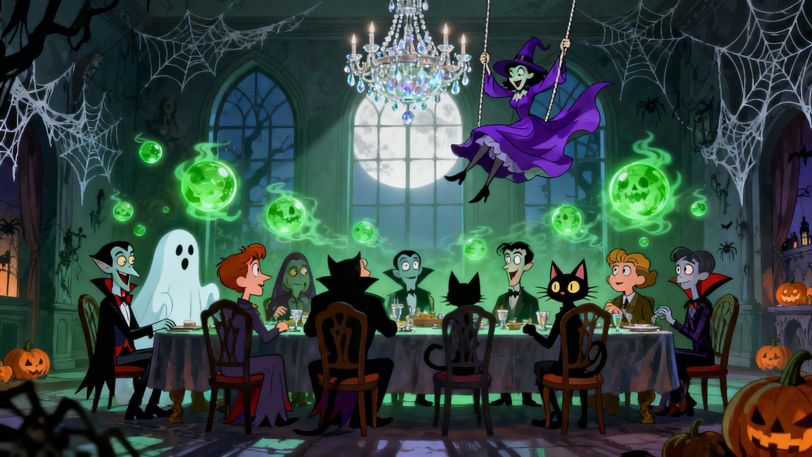 Cartoon Halloween Characters Dine in Haunted House Dining Ha...
