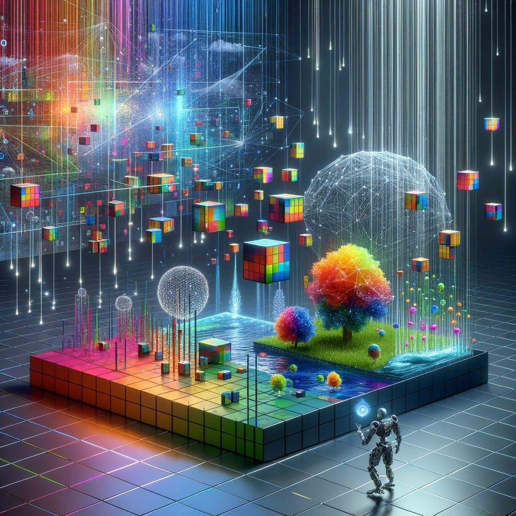 Abstract Artificial Landscape with Robot and Neon Terrarium