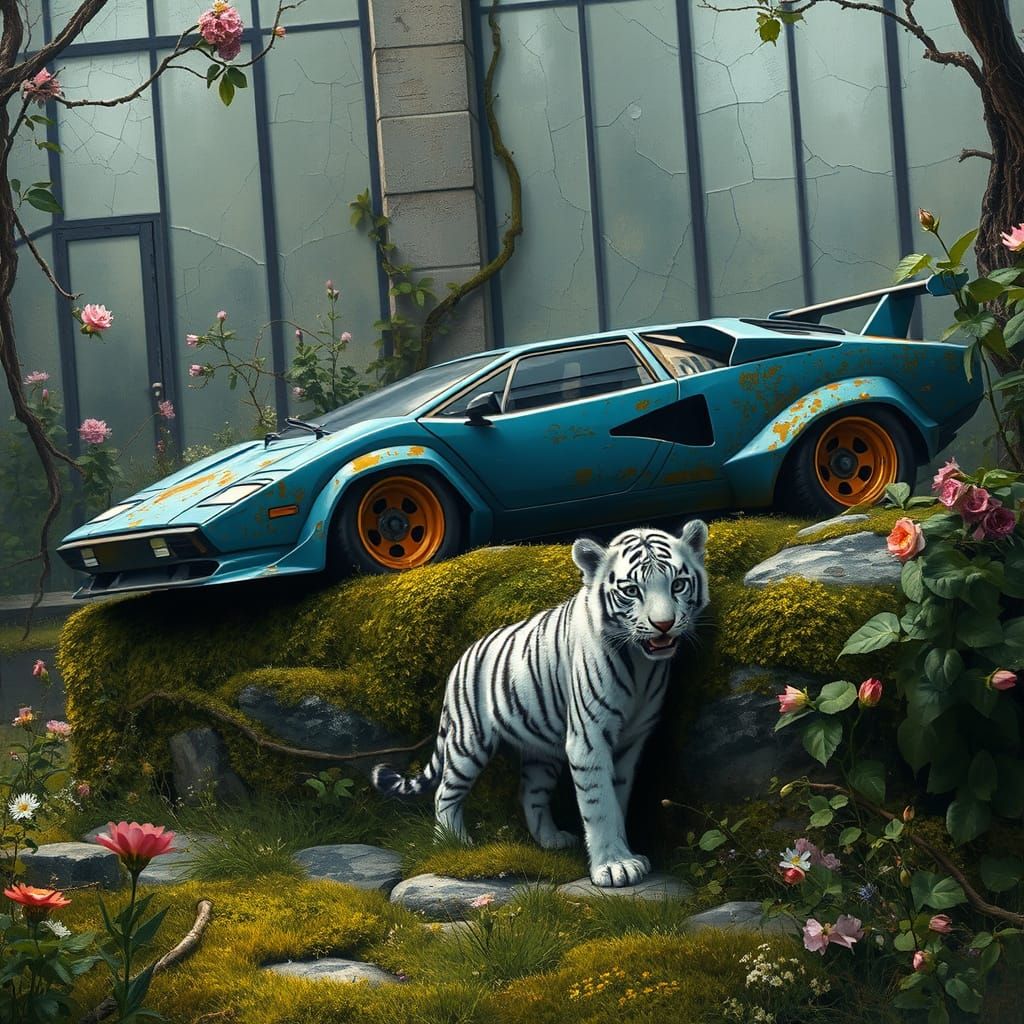 A white tiger cub standing near a weathered blue Lamborghini Countach