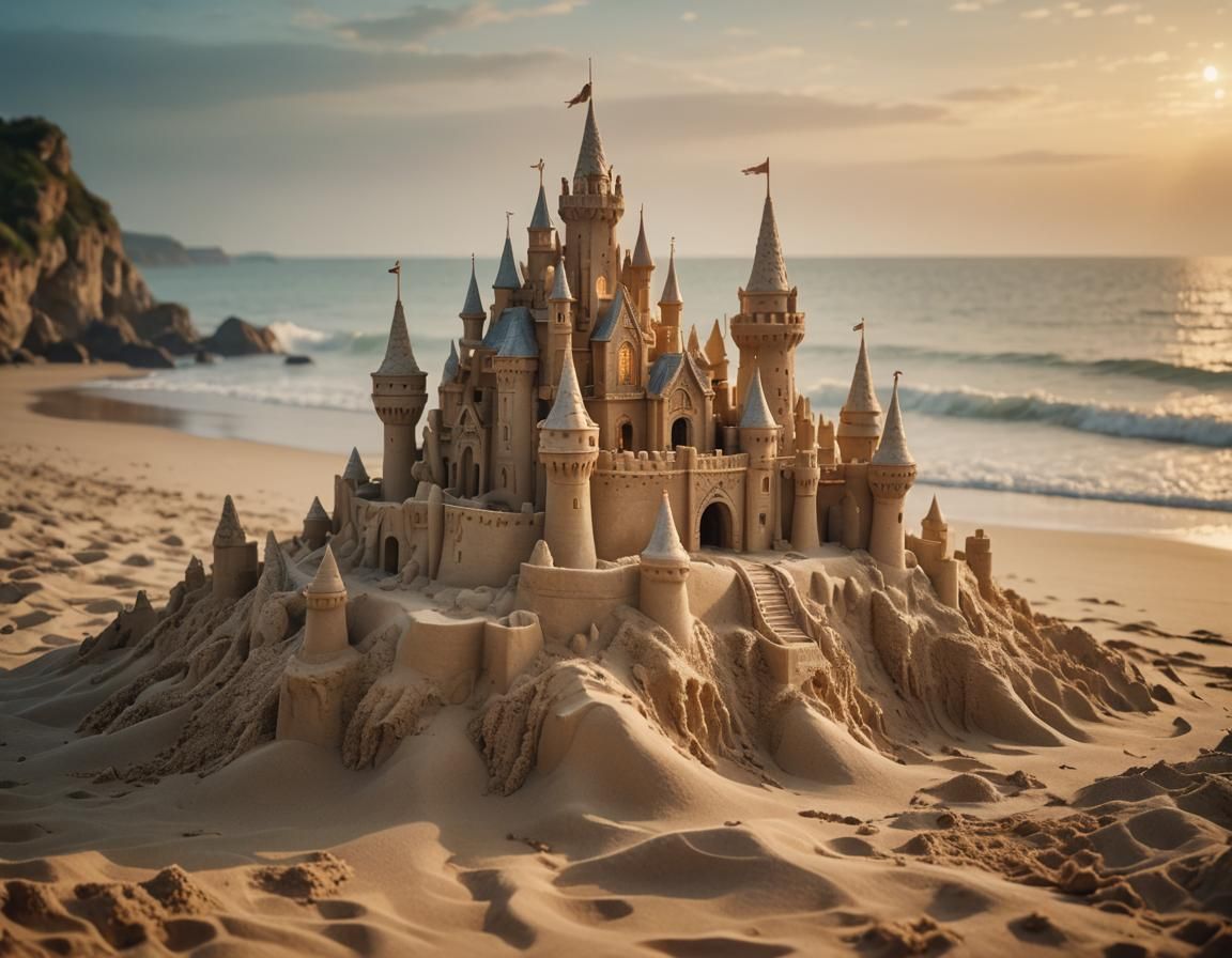 Fantastical Sandcastle at Golden Hour: Digital Matte Paintin...