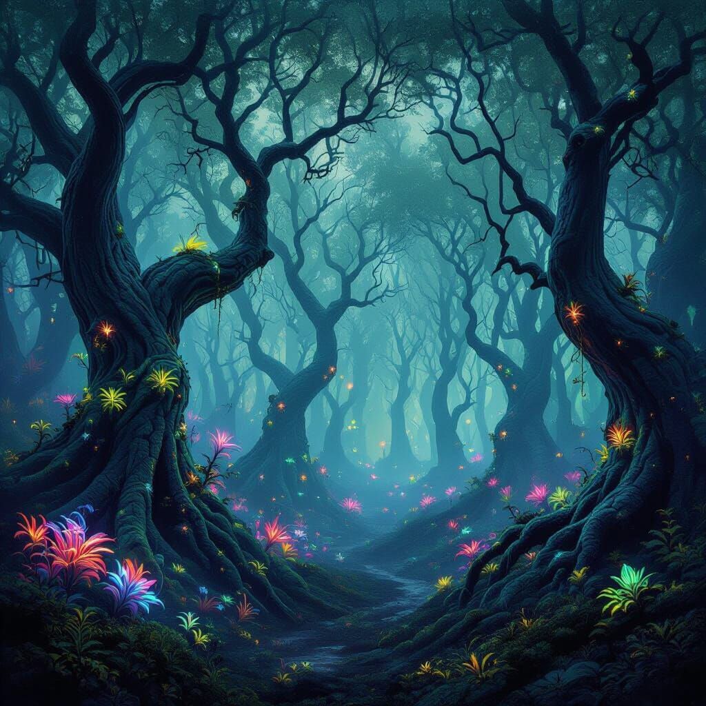 Psychedelic Bioluminescent Forest in Surreal Style