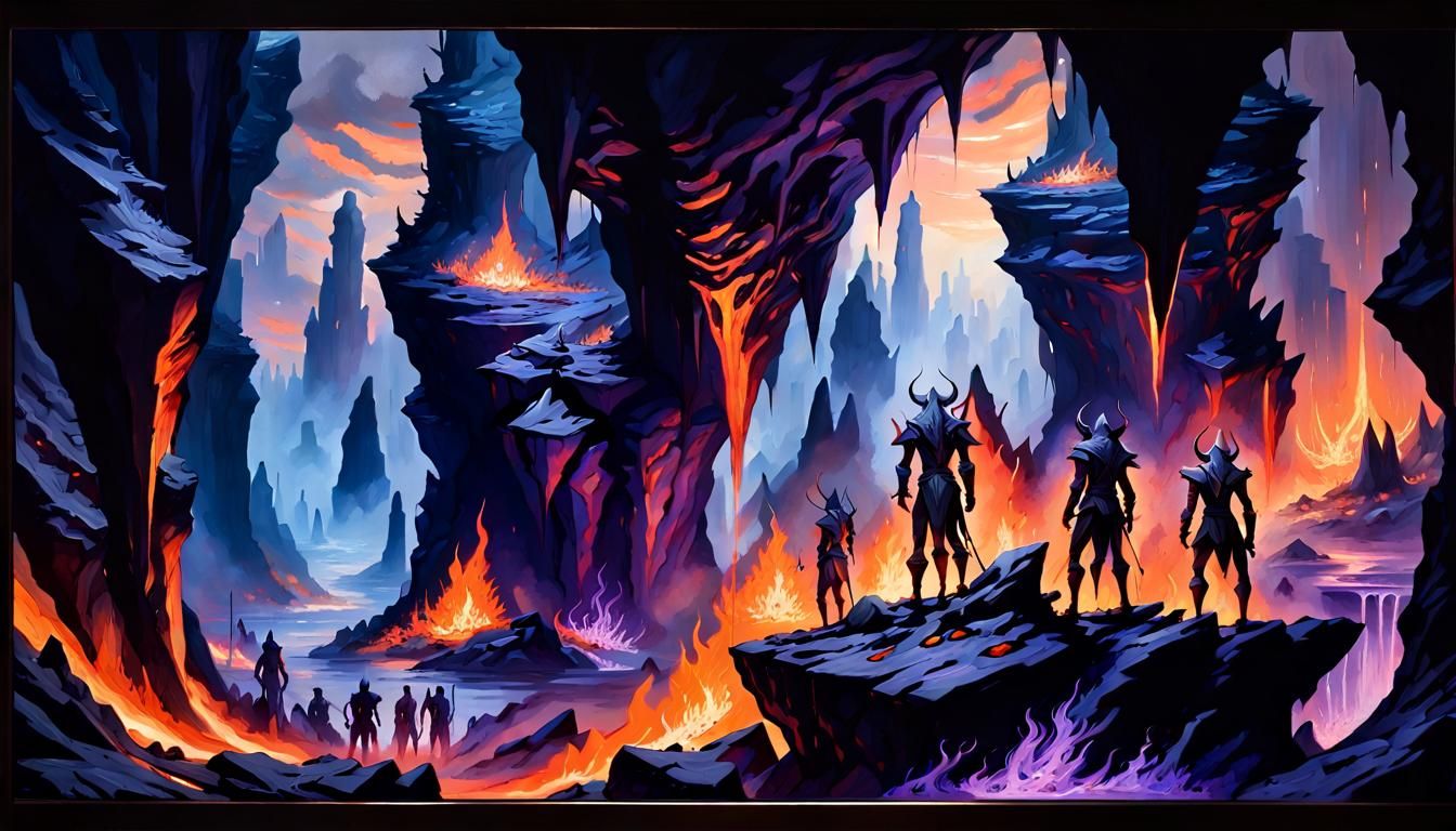 Dark Elves Survey Fiery Underworld as Oil Painting