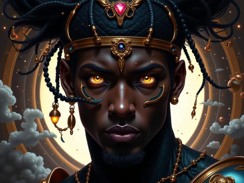 Regal Black Deity in Golden Armor Amidst Clouds