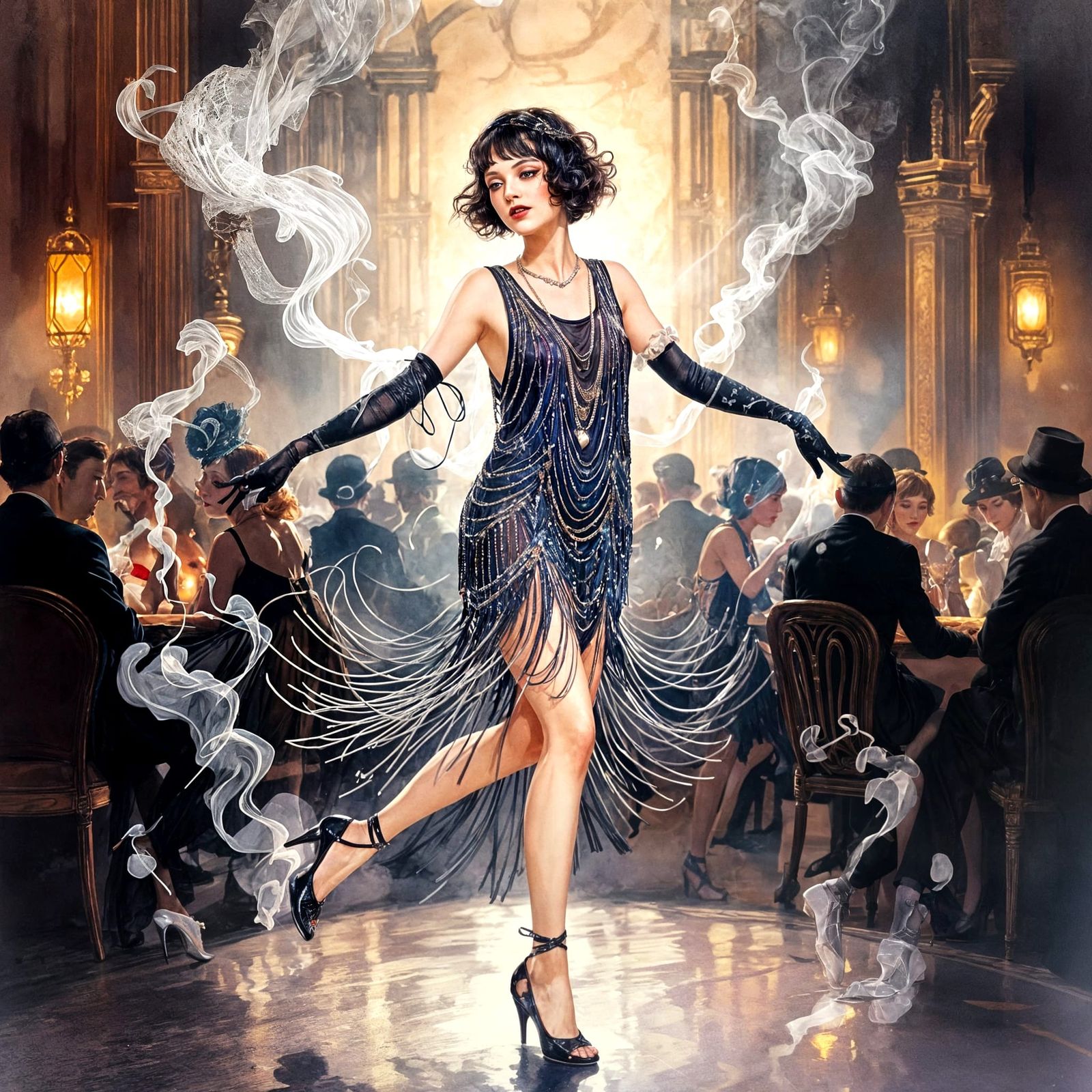 Flapper Dancer in 1920s Speakeasy, Watercolor Art