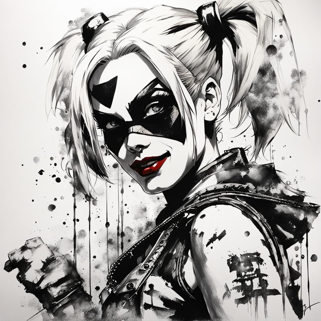 Harley Quinn Sumi-e Concept Art in Black and White