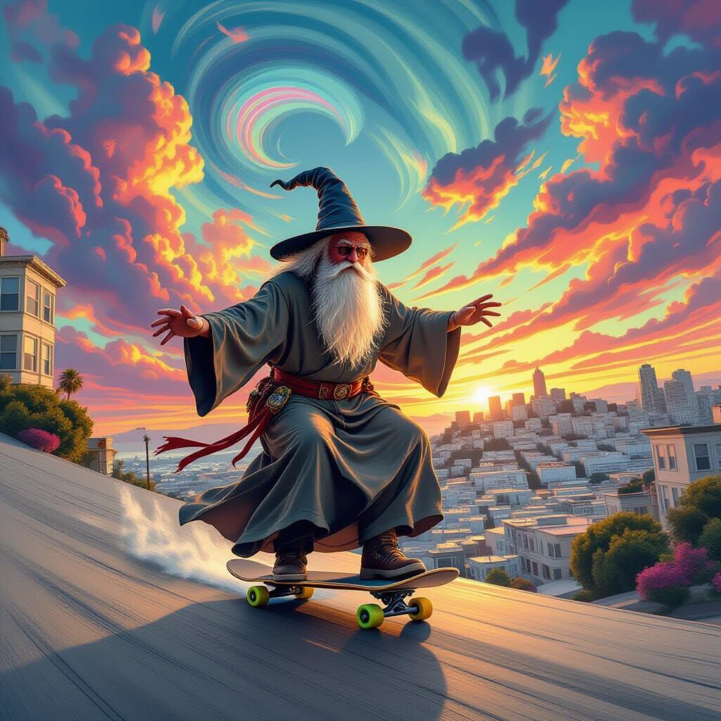 Wizard Skateboarding in San Francisco, Hyper-Realistic Style