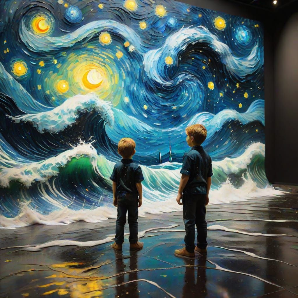 A Young Boy Amidst Van Gogh-Inspired Paint Waves